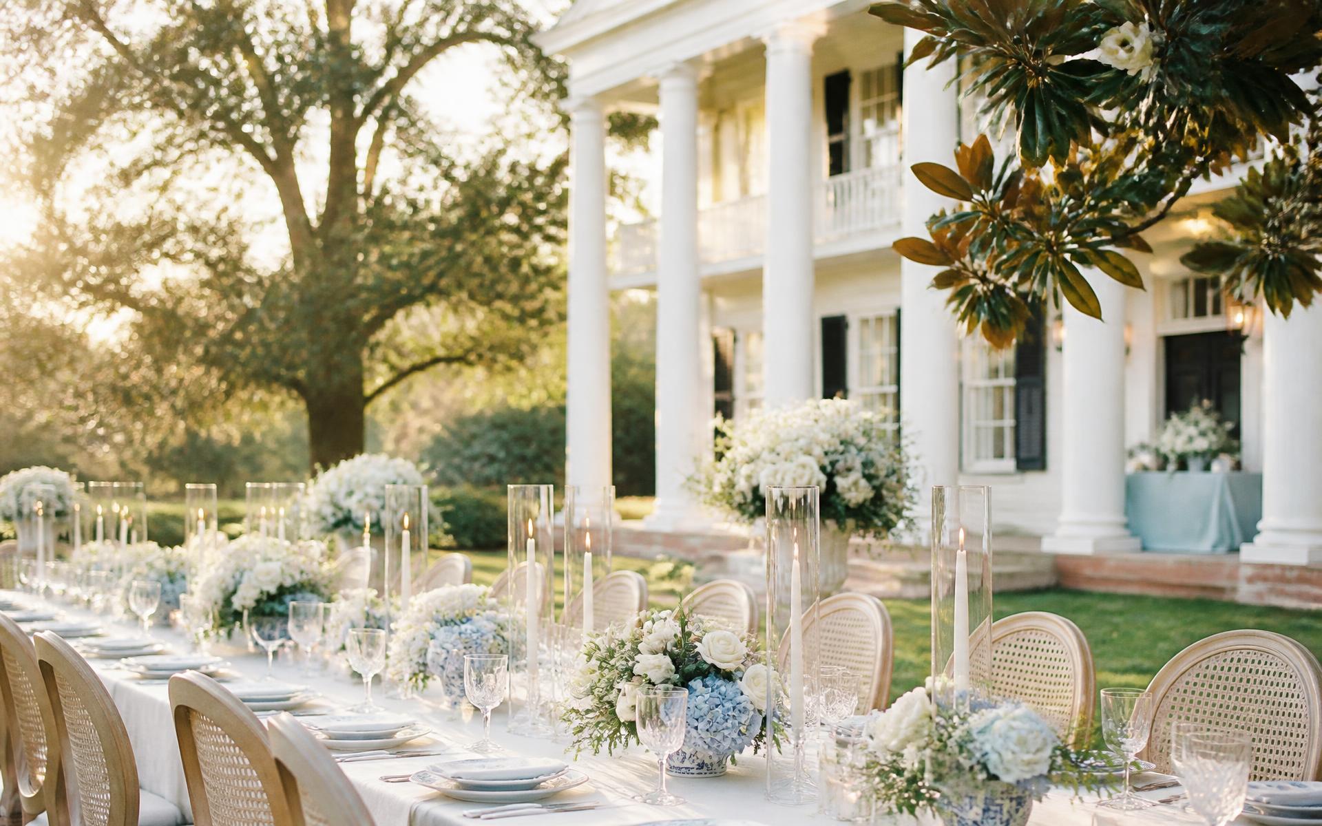 Southern estate garden wedding reception at golden hour with hydrangeas and candlelight